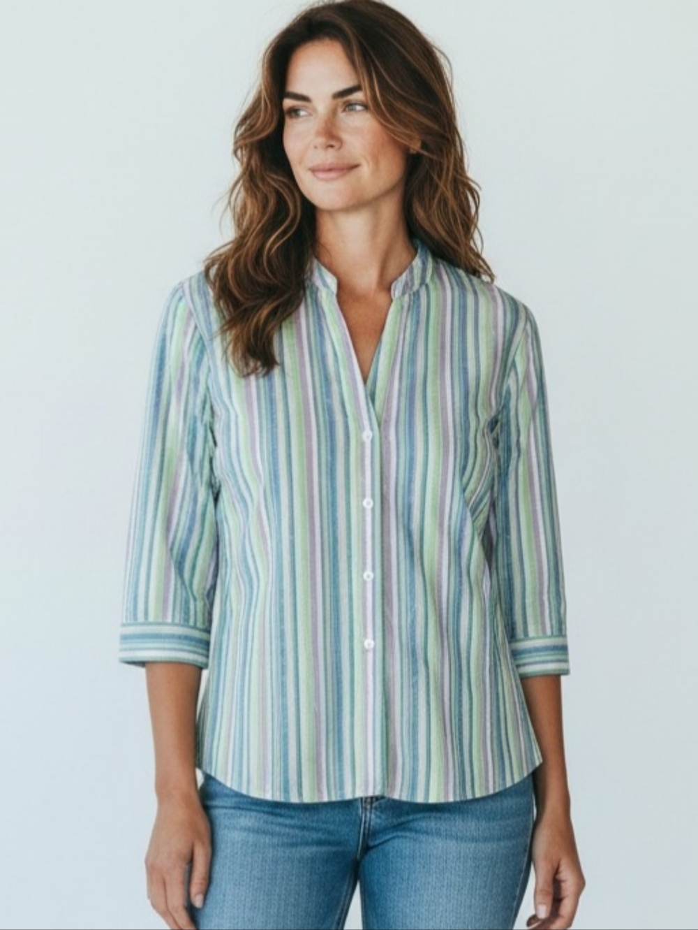 BonWorth Pastel Multi-Stripe Button-Up 3/4 Length Relaxed Blouse Size MP